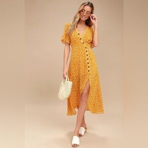 Lulu’s After-Bloom Delight Golden Yellow Floral Print Midi Dress XS